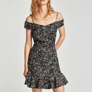 ZARA Basic Denim Z1975 Black & Tan Floral Brocade Cold Shoulder Mini Dress